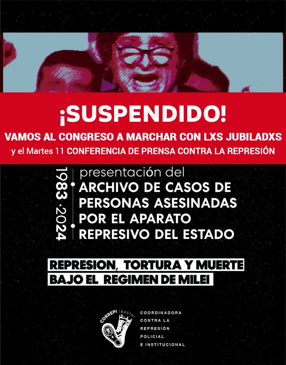 #Hoy 

Concentramos en el Congreso en apoyo a lxs jubiladxs y contra la represión.

Y mañana, jueves 13 de marzo, encontrarán la actualización de los datos del archivo de casos de personas asesinadas por el aparato represivo del estado que CORREPI presenta todos los años.