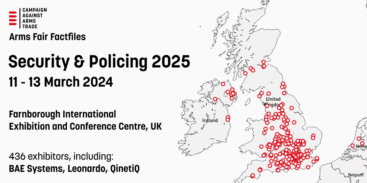 CaatData's tweet image. The UK government's closed-door arms, border-control, and surveillance exhibition is taking place this week in Farnborough. For more information and full details of attending companies, see these links: caat.org.uk/challenges/arm… and caat.org.uk/data/arms-fair…