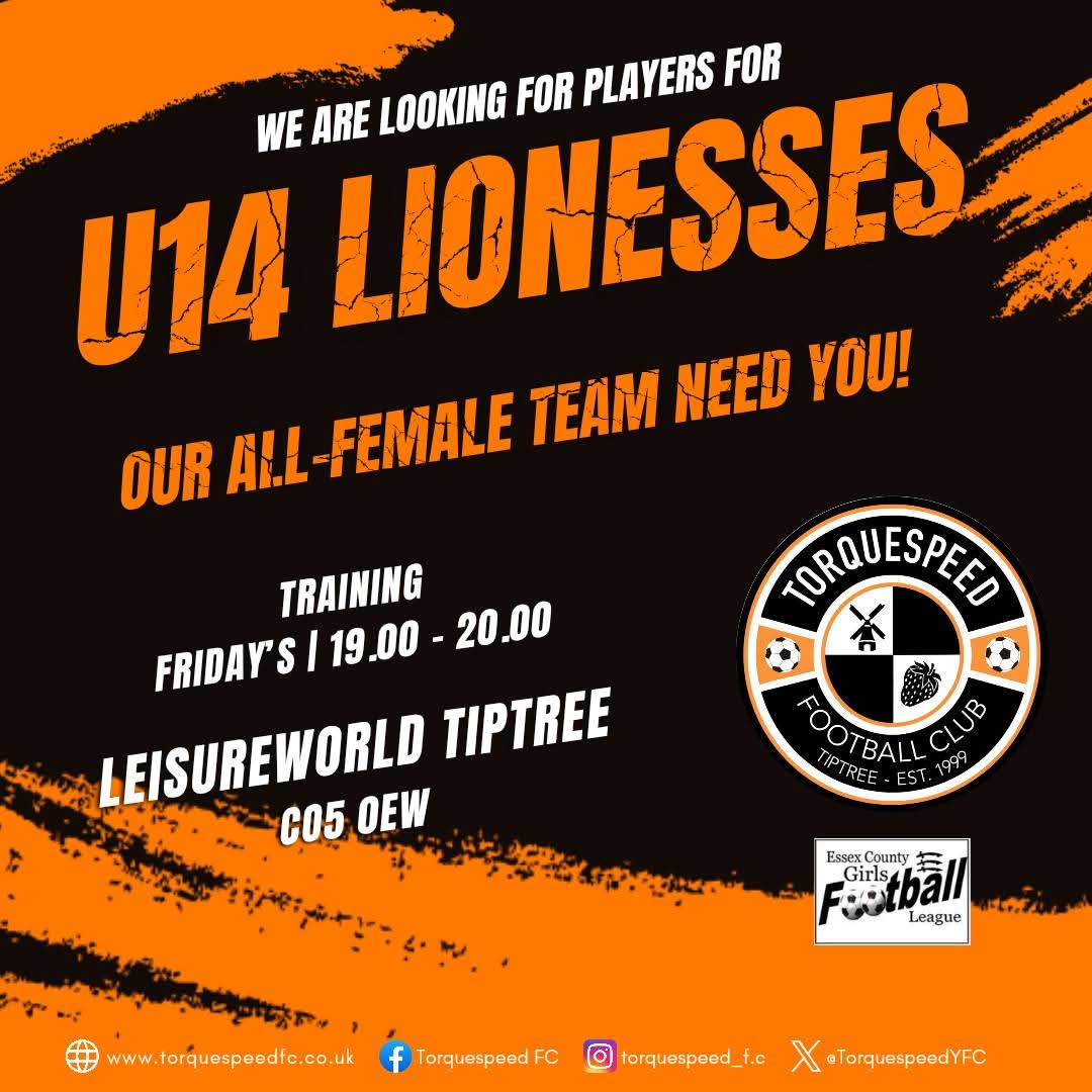 Torquespeed FC (@torquespeedyfc) on Twitter photo Our U14 Lionesses need you.
Joint top of the table and looking to bolster the squad.
Please contact us via info@torquespeedfc.co.uk
🧡🖤🧡
<a href="/EssexCountyFA/">Essex County FA</a> Our U14 Lionesses need you.
Joint top of the table and looking to bolster the squad.
Please contact us via info@torquespeedfc.co.uk
🧡🖤🧡
<a href="/EssexCountyFA/">Essex County FA</a>