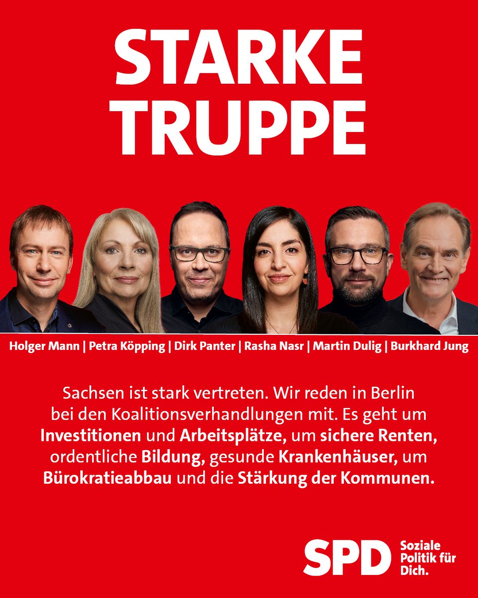 Wir verhandeln in Berlin die wichtigsten Punkte für Sachsen in den Koalitionsvertrag: Investitionen in die Wirtschaft, sichere Arbeitsplätze mit Tarifbindung, stabile Renten, zeitgemäße Bildung, verfügbare Gesundheitsversorgung, bezahlbare Pflege, Finanzierung der Kommunen.