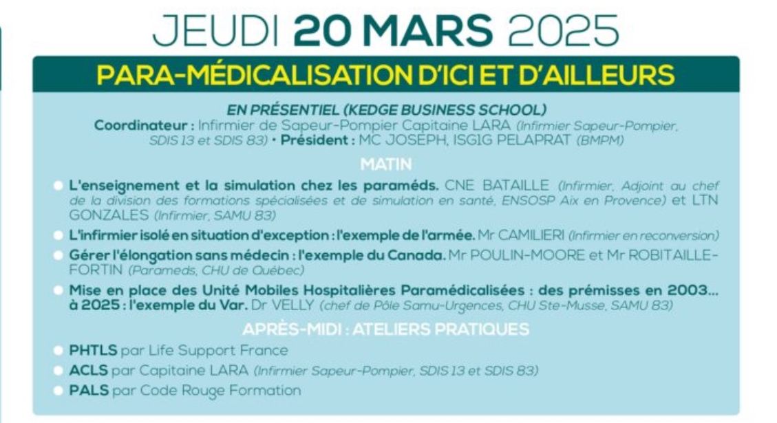 Save the date !!!

Les JDU du 20 mars 2025 traitera de la «Para-médicalisation d'ici et d'ailleurs», un thème qui touche les infirmiers &amp; les médecins urgentistes !

En présentiel à la Kedge Business School.

Inscrivez vous vite !!!