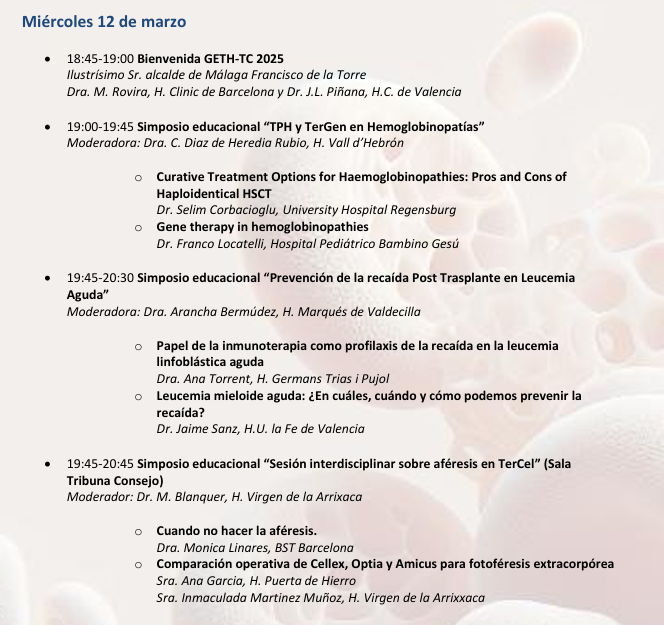 🚨HOY arranca la reunión del Grupo de Trasplante Hematopoyético y Terapia Celular de la #SEHH <a href="/GETH_info/">GETH</a> 
📍Durante 3⃣ días, en el hotel Ilunion de Málaga.
🔎Conoce el programa del primer día:
✅TPH y TerGen en Hemoglobinopatías
✅Prevención de la recaída Post Trasplante en