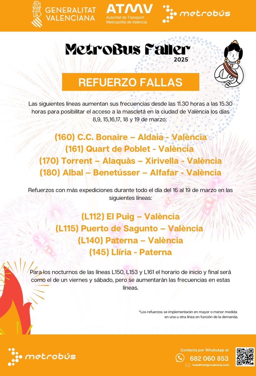 🚇🔥 #MetroBusFaller| REFUERZO FALLAS

🚌 Más frecuencias 11:30-15:30 para la mascletà los días 8, 9, 15, 16, 17, 18 y 19 de marzo en líneas 160, 161, 170, 180.

📍 Más expediciones del 16 al 19 en líneas 112, 115, 140, 145.

🌙 Nocturnos L150, L153 y L161 con horario ampliado.