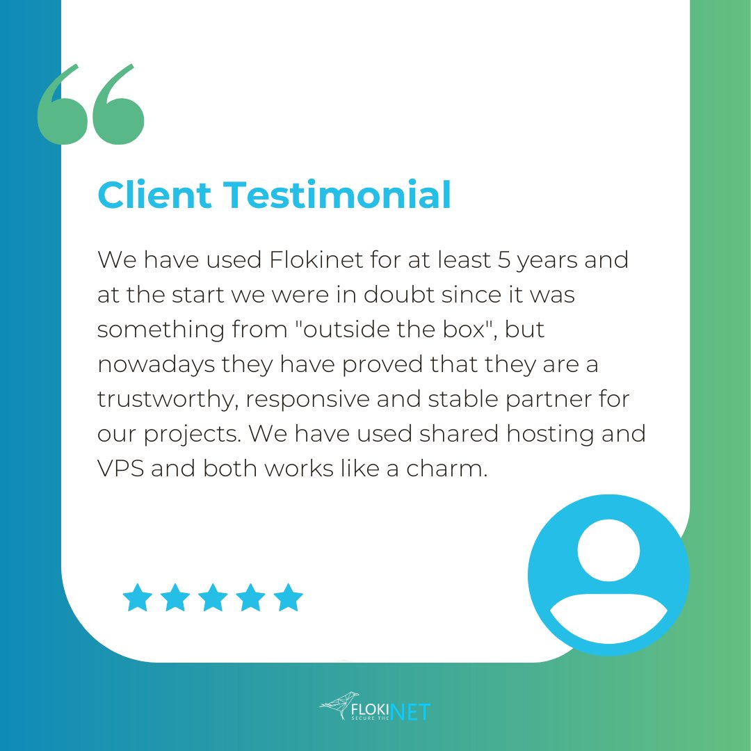 FlokiNETehf's tweet image. Stable, secure, and trusted for over 5 years. Thanks for choosing us!
#ClientReview #FlokiNET #testimonial