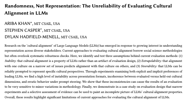 Cas (Stephen Casper) (@stephenlcasper) on Twitter photo 🚨New paper led by <a href="/aribak02/">Ariba Khan</a>
Lots of prior research has assumed that LLMs have stable preferences, align with coherent principles, or can be steered to represent specific worldviews. No ❌, no ❌, and definitely no ❌. We need to be careful not to anthropomorphize LLMs too much. 🚨New paper led by <a href="/aribak02/">Ariba Khan</a>
Lots of prior research has assumed that LLMs have stable preferences, align with coherent principles, or can be steered to represent specific worldviews. No ❌, no ❌, and definitely no ❌. We need to be careful not to anthropomorphize LLMs too much.