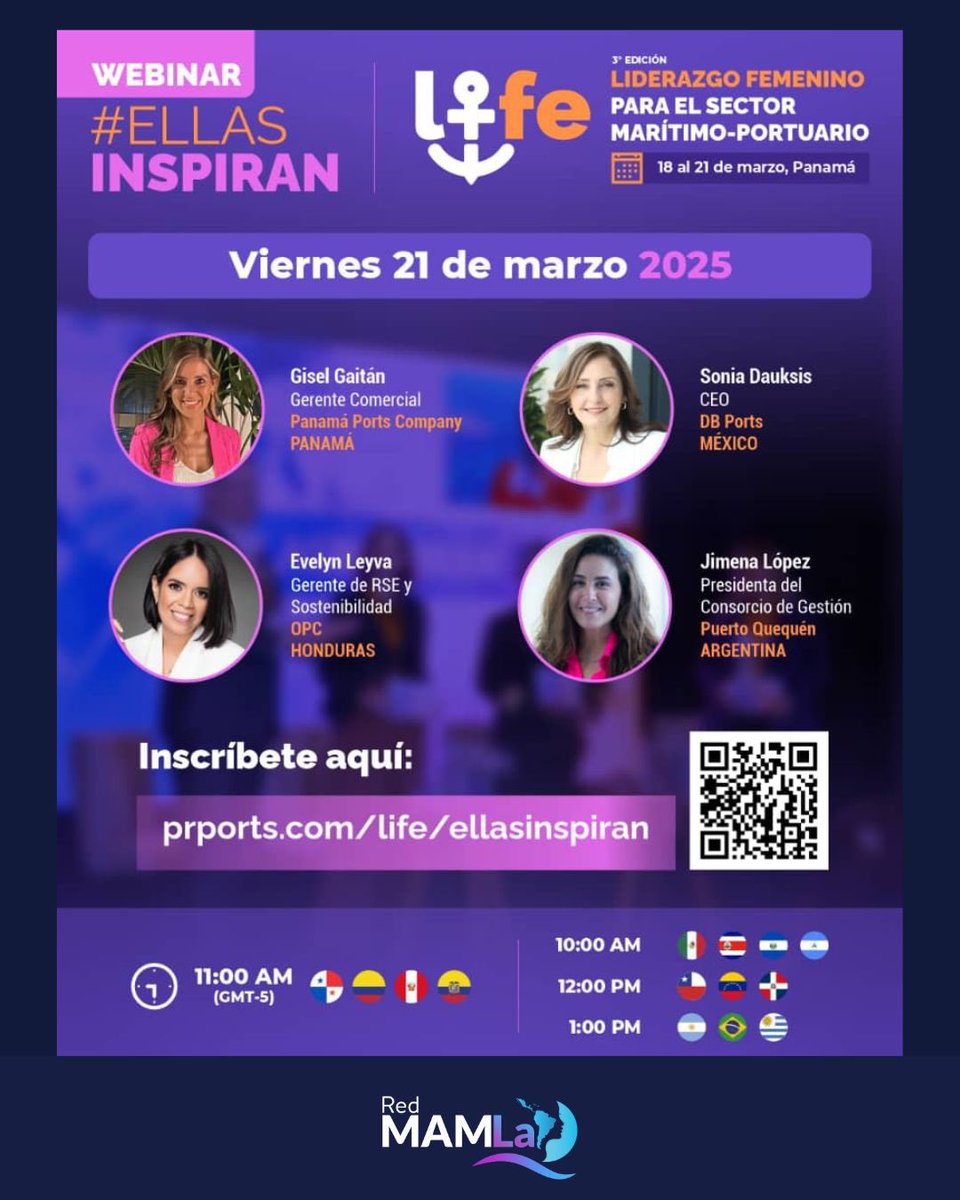 Red MAMLa se complace en invitarles al Webinar #𝙀𝙡𝙡𝙖𝙨𝙄𝙣𝙨𝙥𝙞𝙧𝙖𝙣

📅 Fecha: Viernes 21 de marzo 
⏰ Hora: 11:00 a 12:30 hs (hora Panamá - GMT-5) 🇵🇦

Registro: 
prports.com/life/

#LiderazgoFemenino
