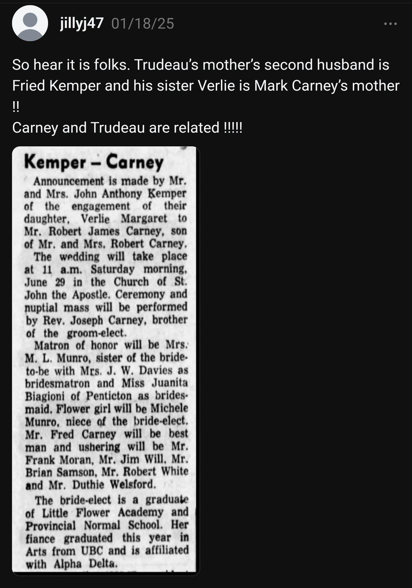 Stuart Woodman (@jed6767) on Twitter photo So I came across this today. If accurate Justin and Carney are related by Margaret's second marriage after Pierre Trudeau. So I came across this today. If accurate Justin and Carney are related by Margaret's second marriage after Pierre Trudeau.