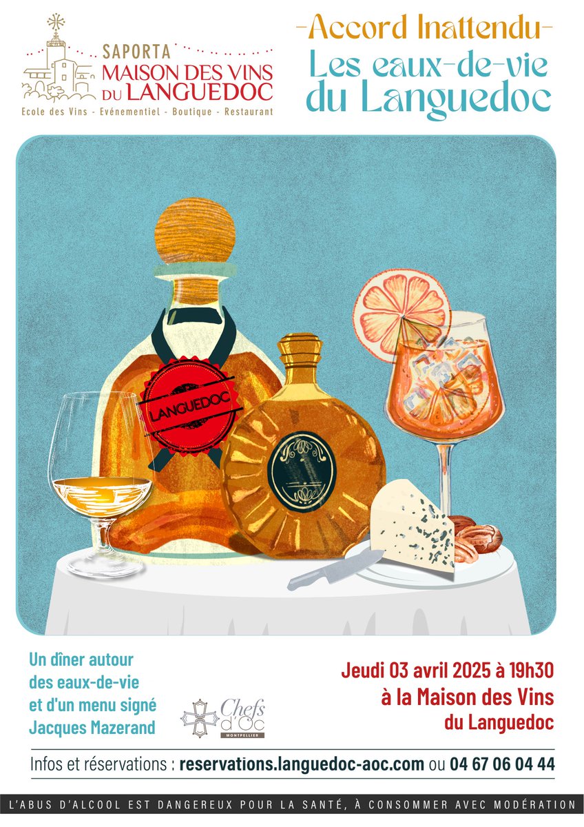 Laissez-vous surprendre par le prochain accord inattendu : les eaux de vie du Languedoc &amp; un menu signé Jacques Mazerand <a href="/chefsdoc/">Chefs d'Oc</a> 
Jeudi 03 avril &gt;&gt; Maison des vins du Languedoc, Saporta #montpelliernow 
réservations.languedoc-aoc.com