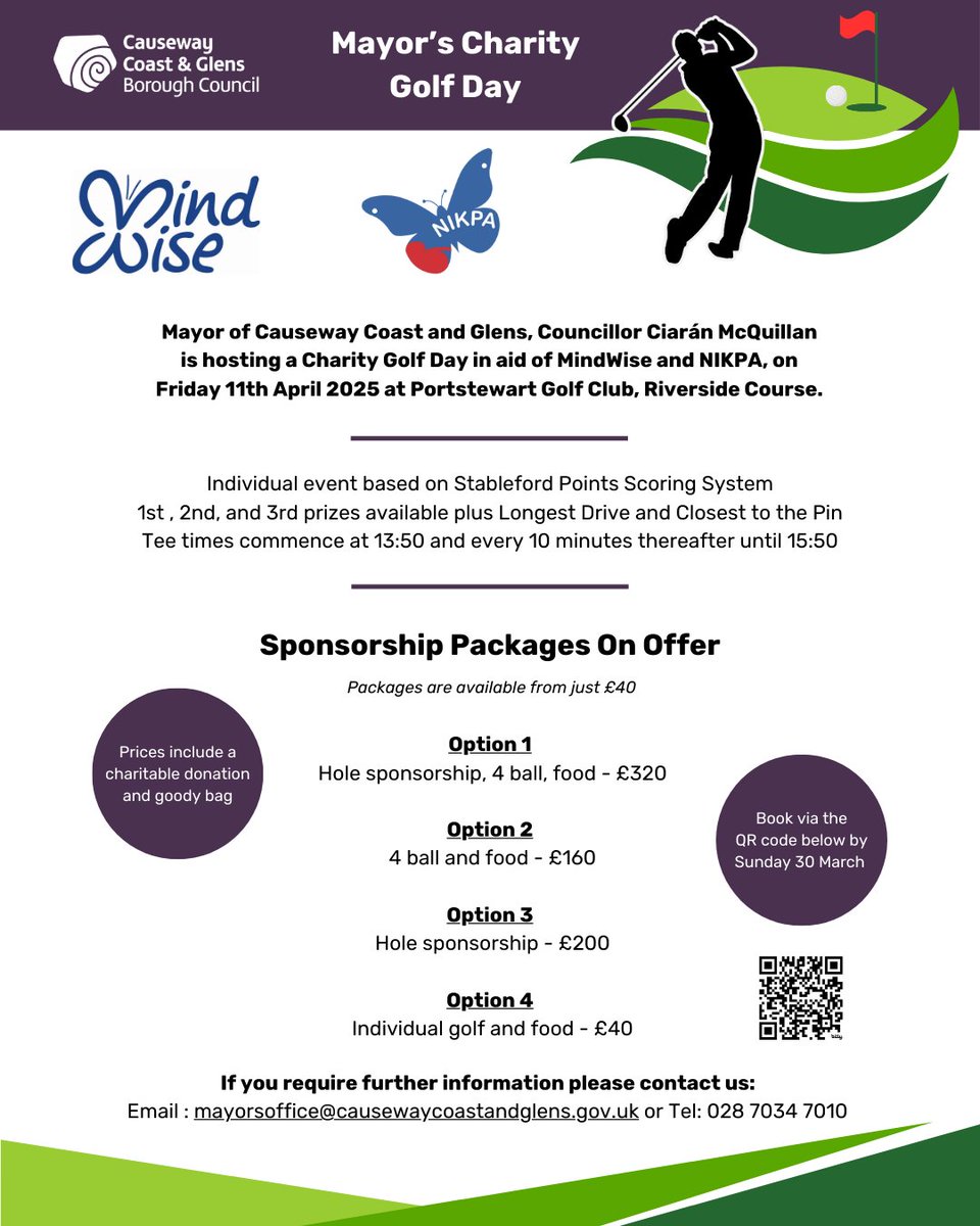 Causeway Council (@causewaycouncil) on Twitter photo Tee-off with the Mayor this April! 🏌️♂️
Join Mayor of Causeway Coast & Glens, Councillor Ciarán McQuillan, on Friday 11th April at <a href="/PortstewartGC/">PortstewartGolfClub</a> for his charity Golf Day, to raise funds from his chosen charities, <a href="/MindWisenv/">MindWise - NI Mental Health Charity</a> & NIKPA. ⛳️
Register here: 👉 bit.ly/4kxP6yW Tee-off with the Mayor this April! 🏌️♂️
Join Mayor of Causeway Coast & Glens, Councillor Ciarán McQuillan, on Friday 11th April at <a href="/PortstewartGC/">PortstewartGolfClub</a> for his charity Golf Day, to raise funds from his chosen charities, <a href="/MindWisenv/">MindWise - NI Mental Health Charity</a> & NIKPA. ⛳️
Register here: 👉 bit.ly/4kxP6yW