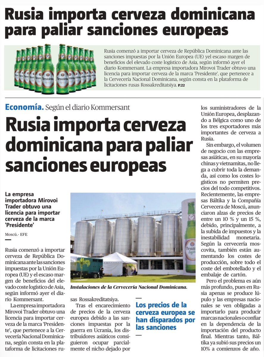 G_GomezJ's tweet photo. #Rusia importa cerveza dominicana para paliar sanciones europeas, según informo #ayer el diario Kommersant. La empresa Mirovoi Trader, obtuvo una licencia para importar cerveza de la marca "Presidente", https://t.co/VJYV95oeZL
