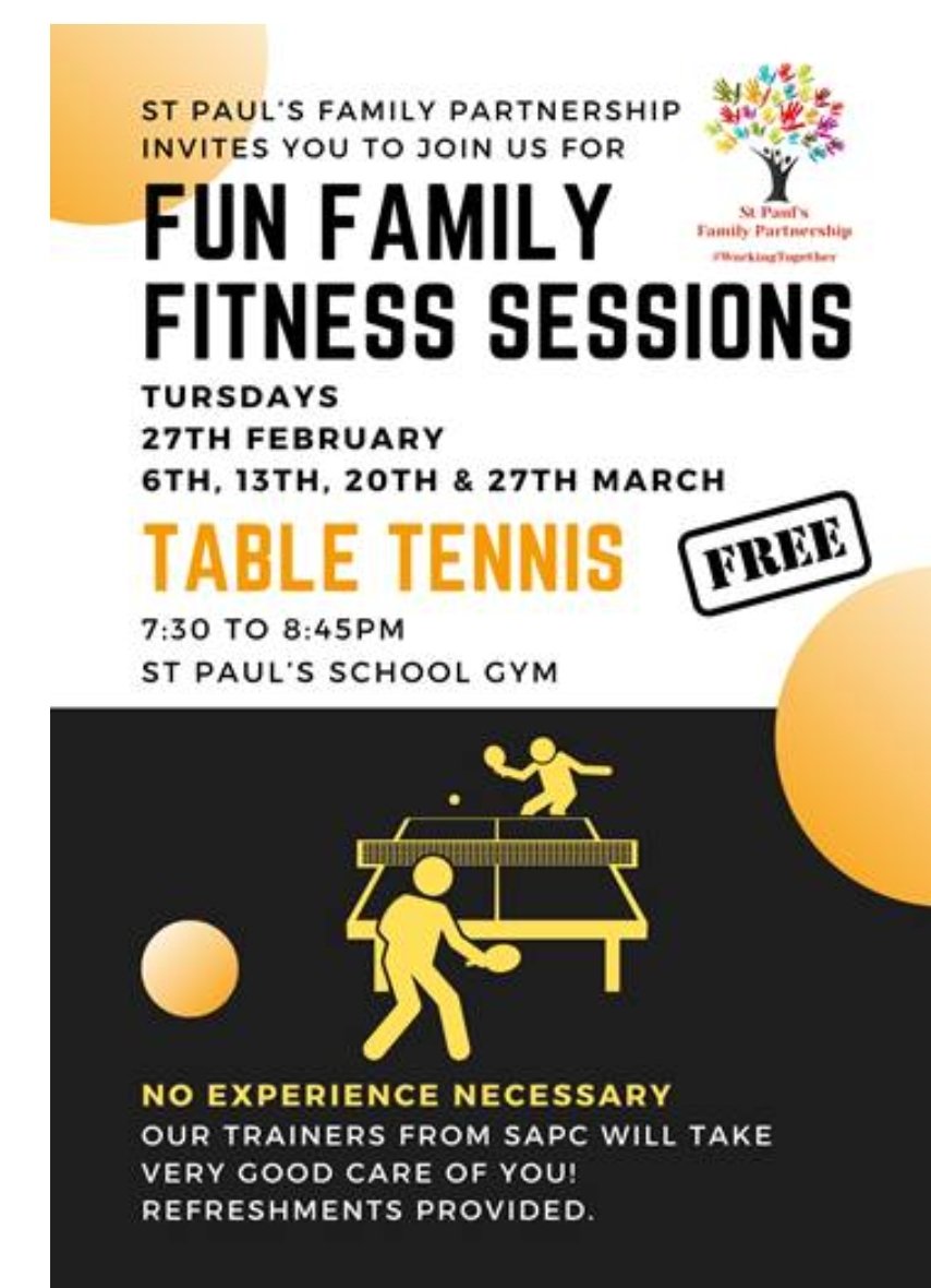 StPaulsFamilyPartnership (@stpaulsg53pc) on Twitter photo Families <a href="/St_PaulsRCHS/">St Paul's RC HS</a>
Table Tennis returns tomorrow night @ 7.30pm in the school gym hall.
Come along & learn a new skill or improve on an old one😜 Families <a href="/St_PaulsRCHS/">St Paul's RC HS</a>
Table Tennis returns tomorrow night @ 7.30pm in the school gym hall.
Come along & learn a new skill or improve on an old one😜