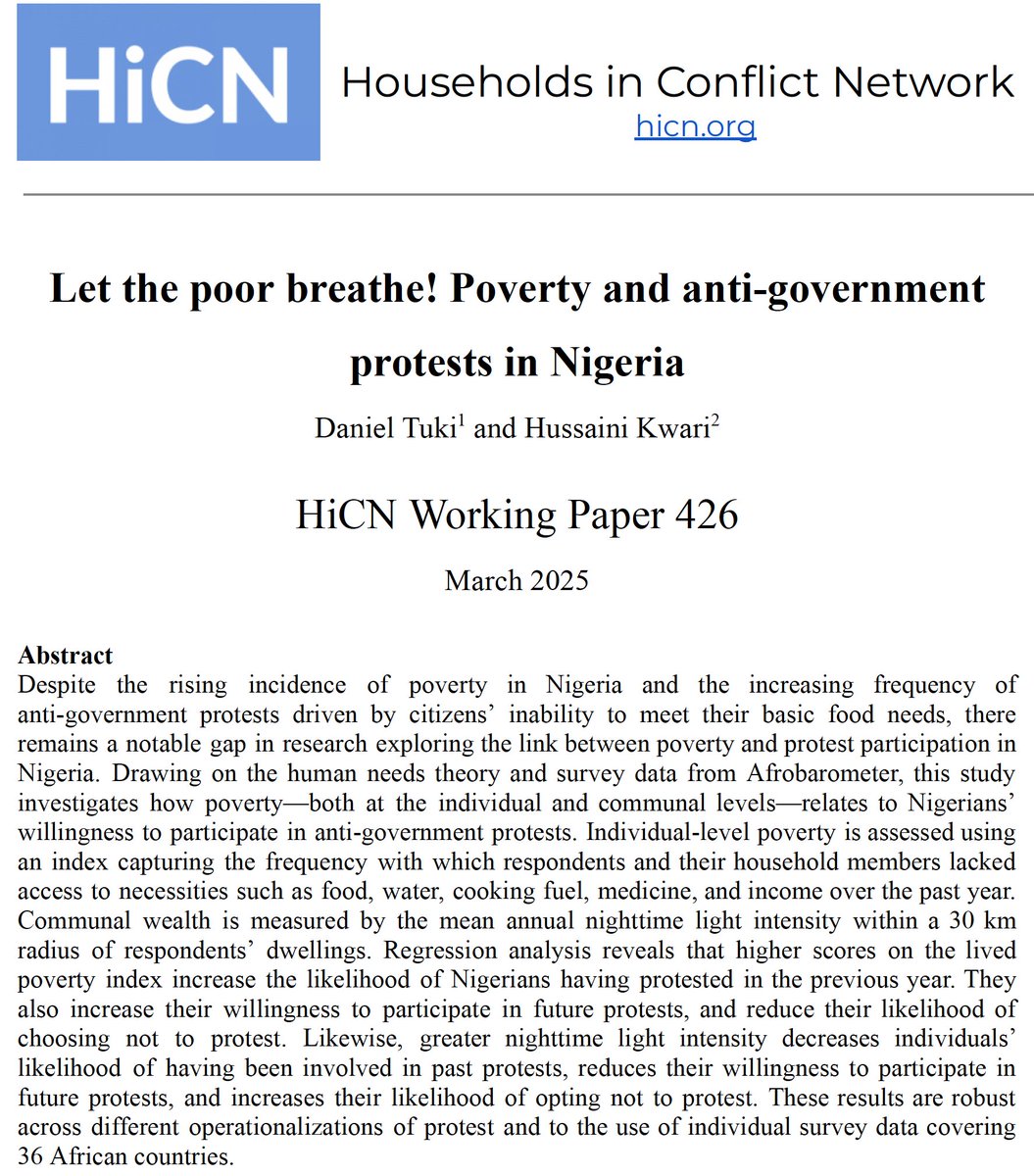 Working Paper: We investigate how poverty at the individual and communal levels relate to participation in anti-government protests in #Nigeria and in the larger #African context. We also examine the ethnic dimension of protests in Nigeria.
hicn.org/working-paper/…