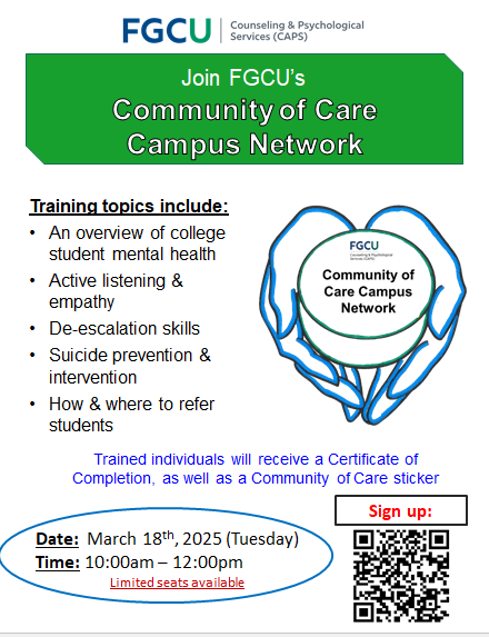 CapsFgcu's tweet photo. Hey Eagles, ready to make a difference? 

Join us next week for our Community of Care Campus Network training! 

As part of the community of care campus network, you can help by making our campus more supportive. https://t.co/6TkF7obi29