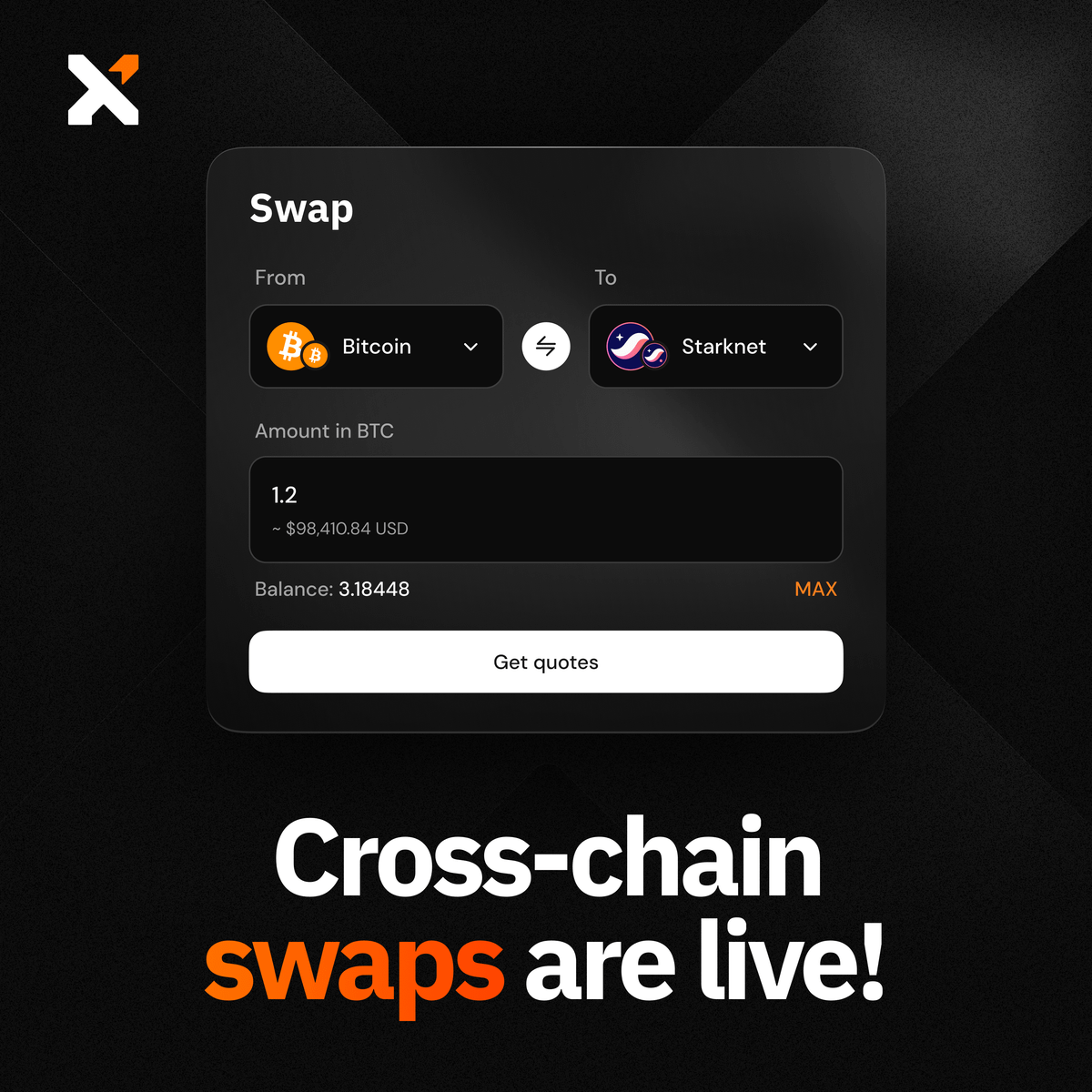 StarkWareLtd's tweet photo. Xverse, one of the leading Bitcoin wallets, is expanding to Starknet!

Their first product, Xverse cross-chain swaps, is now live, allowing you to swap from Bitcoin to Starknet anytime.

Full wallet integration is in progress and will go live in the near future. https://t.co/IgxcAu4vuh