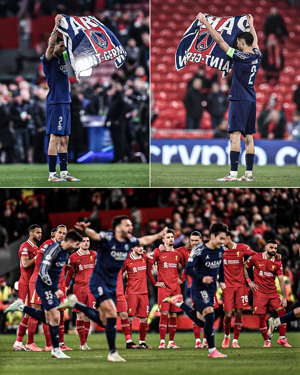 soccer_central1's tweet image. Achraf Hakimi held up a PSG flag to the Kop End of Anfield after Paris Saint-Germain knocked Liverpool out of the Champions League 🏟️