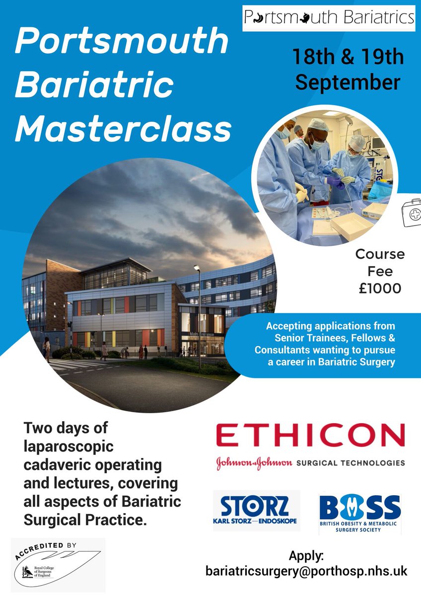 Apply now for our 5th Bariatric Surgery Course <a href="/PHU_NHS/">Portsmouth Hospitals University NHST</a> 

🔪 Two days of cadaveric operating 
📉 Lecture Programme covering all key aspects of Bariatric Practice 
💪🏻 Delivered by an expert faculty 

<a href="/bariatricBOMSS/">BOMSS</a> <a href="/RCSnews/">The Royal College of Surgeons of England</a> <a href="/RuthBra50749525/">Ruth Bradshaw</a> <a href="/roux_group/">The Roux Group</a>