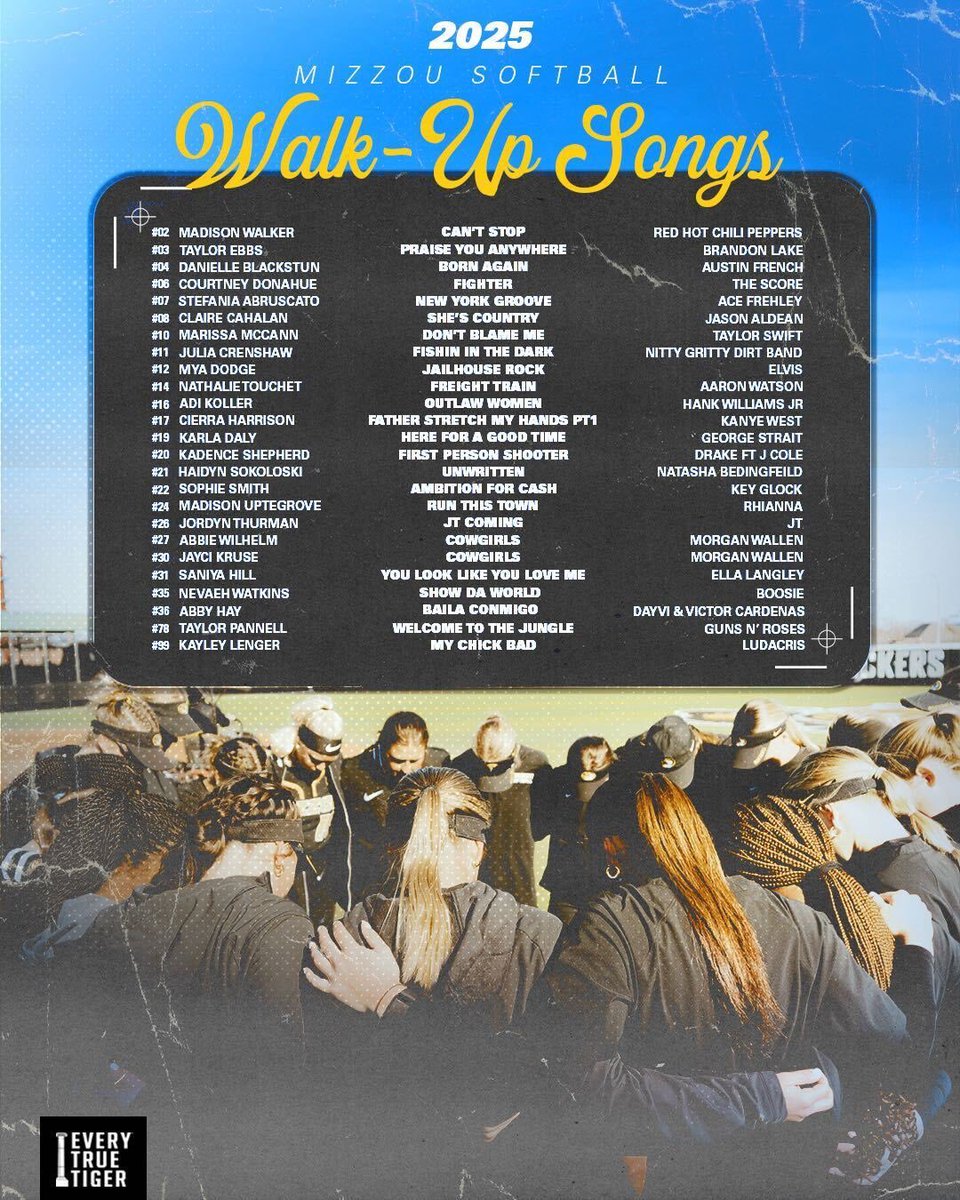 If game day had a playlist, this would be it 🎶🔥 Mizzou Softball’s walk-up songs are live-just in time for the Mizzou Invitational!
#ETTB #MIZ <a href="/MizzouAthletics/">Mizzou Athletics</a>
<a href="/EveryTrueTiger/">Every True Tiger Brands</a> <a href="/MizzouSoftball/">Mizzou Softball</a>
