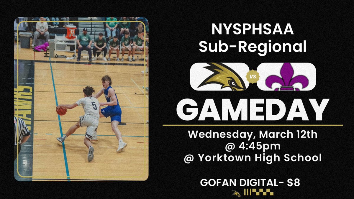 GAME DAY!!!
NYSPHSAA Sub-Regional
Wednesday, March 12th
CORNING VS NEW ROCHELLE
@ Yorktown High School
@ 4:45pm
GoFan Digital: $8
Tickets: gofan.co/event/3386394?…
Live Stream: nfhsnetwork.com/events/nysphsa…