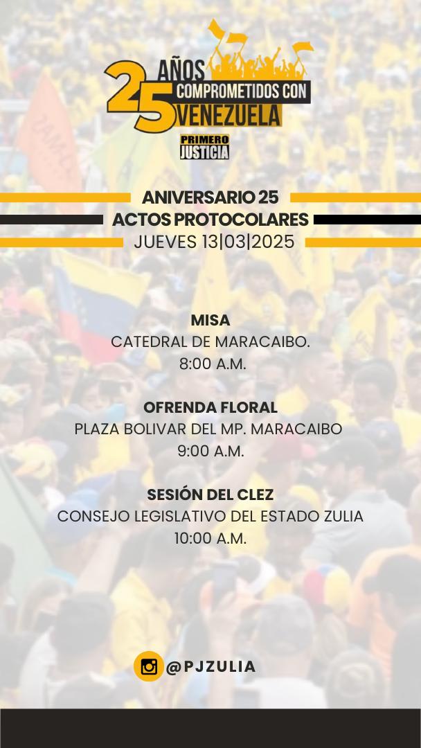 Desde nuestra dirección regional invitamos a toda nuestra dirigencia y militancia a participar en los actos protocolares que estaremos realizando en Maracaibo, este jueves, en conmemoración de nuestro aniversario 25.

¡Los esperamos!