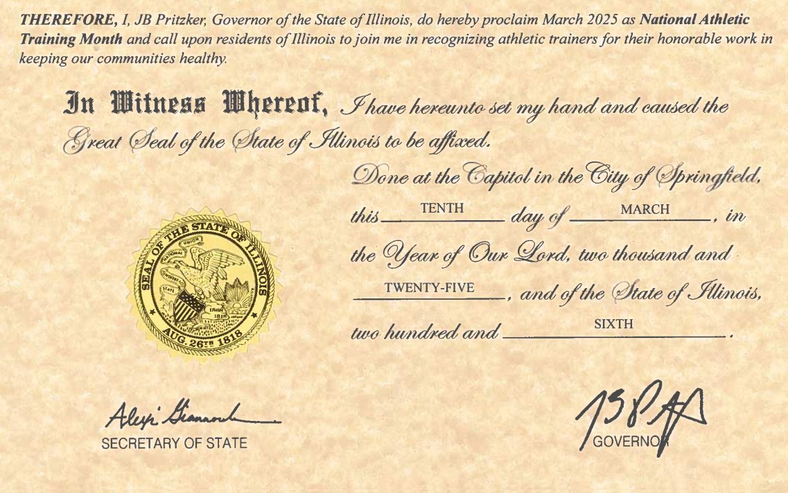 It's Officially Athletic Training Month in Illinois!!

Governor @jbpritzker signed it into effect this past Monday.

A great step to moving athletic training forward in the state
#athletictraining #illinoisathletictrainersassociation  @glata_updates @nata1950
16s