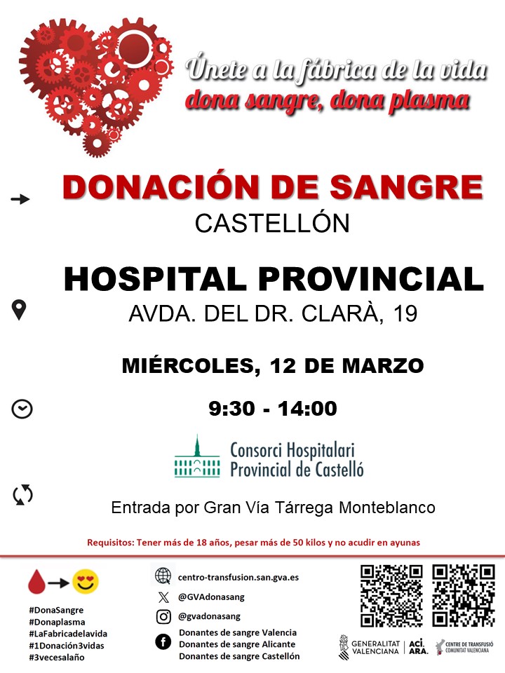 GVA Dona Sang (@gvadonasang) on Twitter photo Donació de sang a #CastellóDeLaPlana
📅dimecres #12març
📌Hospital <a href="/chpcastellon/">Hospital Provincial de Castelló</a>
La vida de molts malalts depén de transfusions de sang periòdiques.
💢Qualsevol persona amb bona salut, que pese més de 50 quilos i que tinga més de 18 anys pot #DonarSang
👉#ComparteixVida🩸 Donació de sang a #CastellóDeLaPlana
📅dimecres #12març
📌Hospital <a href="/chpcastellon/">Hospital Provincial de Castelló</a>
La vida de molts malalts depén de transfusions de sang periòdiques.
💢Qualsevol persona amb bona salut, que pese més de 50 quilos i que tinga més de 18 anys pot #DonarSang
👉#ComparteixVida🩸