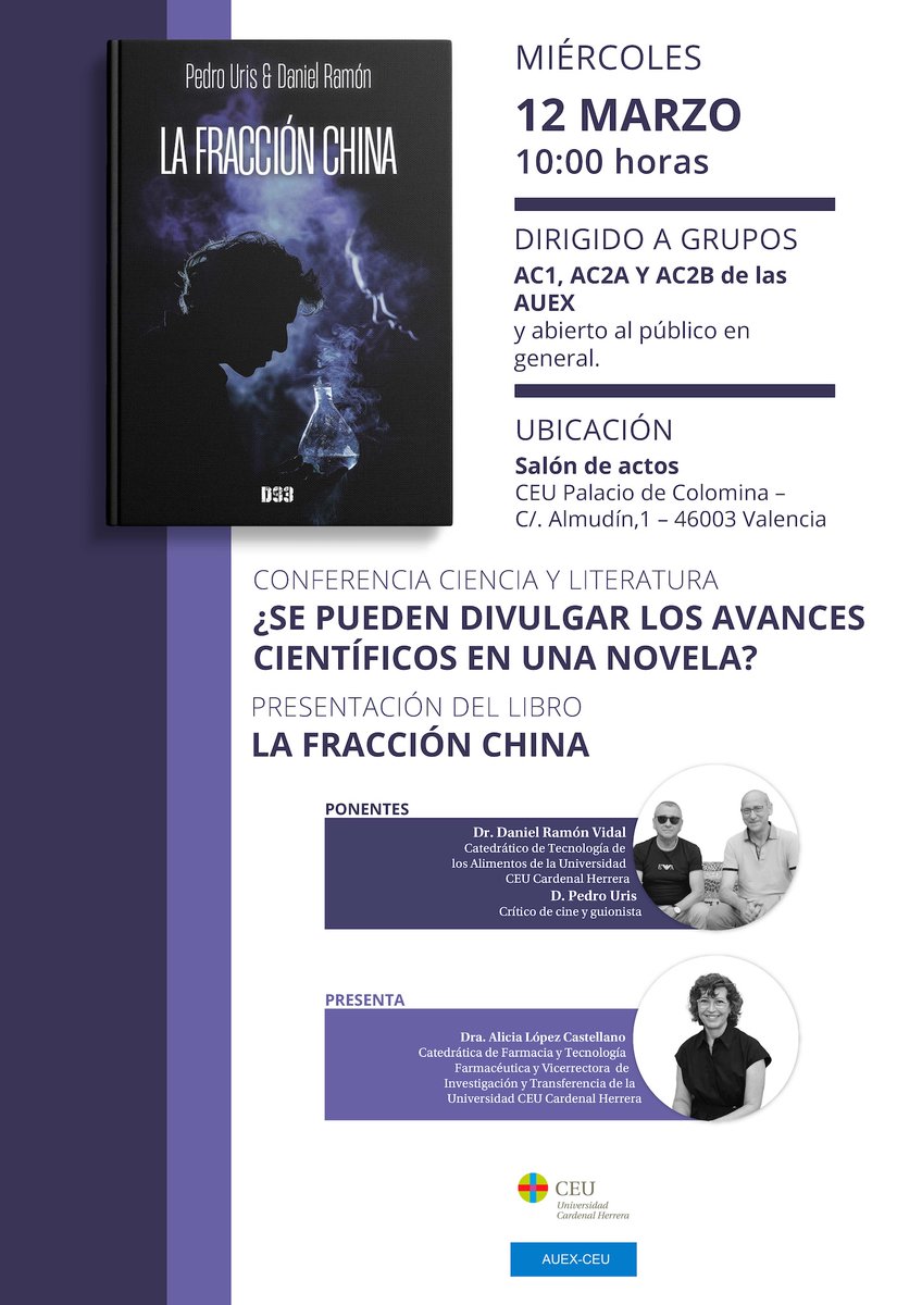 Novela y divulgación para acercar la ciencia a todos!📖🔬
Comienza en el Palacio de Colomina-CEU la presentación del libro La Fracción China, del catedrático de <a href="/uchceu/">Universidad CEU UCH</a> <a href="/DanielRamonVida/">Daniel Ramon Vidal</a> y Pedro Uris, presentada por la vicerrectora de #Investigación y Transferencia <a href="/AliciaLopezCas/">Alicia López Castellano</a>