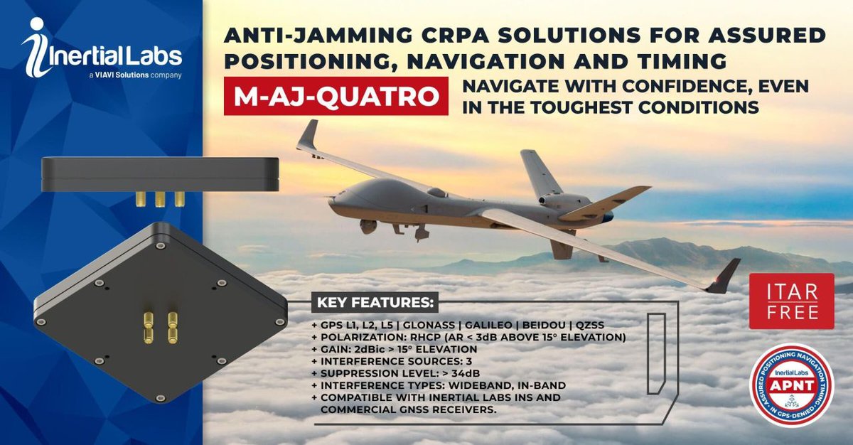 Stay assured in GNSS-challenged environments with M-AJ-QUATRO! This anti-jamming antenna ensures APNT with high interference suppression, accuracy &amp; security.

🔗 Learn more: loom.ly/bBcjnCQ 

#IDEX2025 #AntiJamming #GNSS #Defense