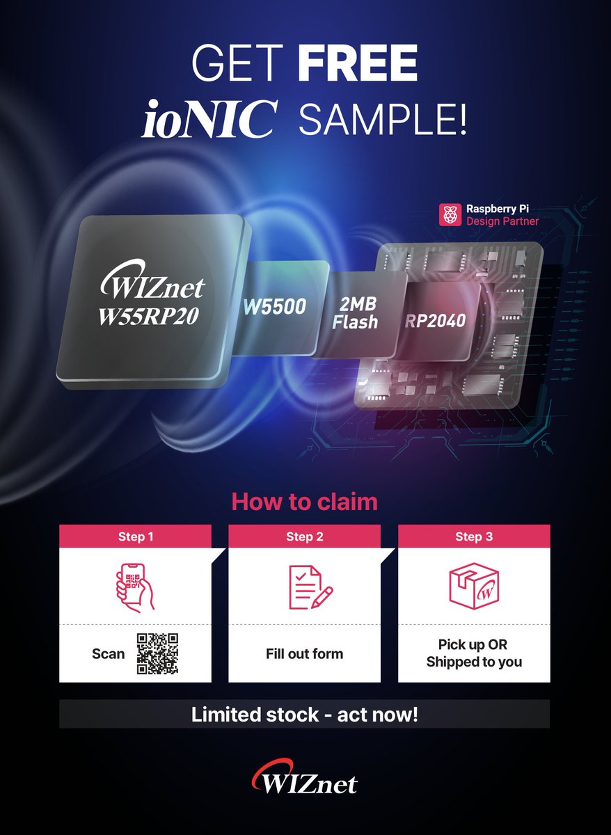 WiznetTeam's tweet image. It’s March 12—Day 2 of #EmbeddedWorld2025! Come by Booth 3A-140 to grab your $10 free sample board featuring ioNIC & ToE (TCP Offload Engine). Not on-site? No worries—request a free board online, too. Let’s push IoT forward together!
#WIZnet #IoT #Networking #Embedded #ioNIC…