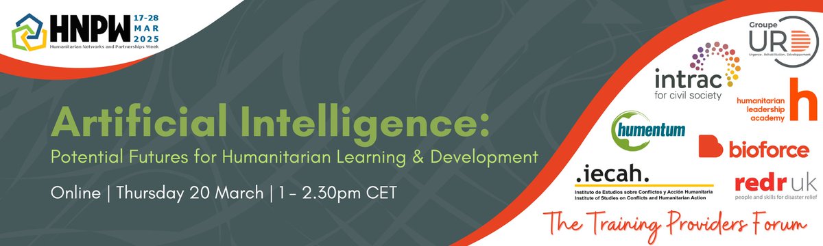 Will you be participating in Humanitarian Networks &amp; Partnerships Weeks? #HNPW

We're co-organising a panel session on ‘Artificial Intelligence: Potential Futures for Humanitarian Learning and Development’. 🧑‍💻

📅 Thu 20 March, 1-2.30pm

Register via Zoom: us06web.zoom.us/webinar/regist…