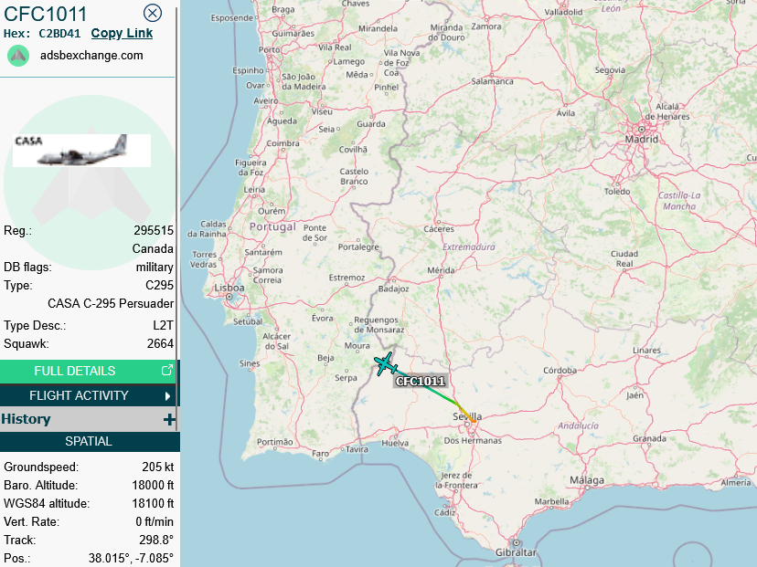 SirListenalot's tweet photo. Canadian #C295 #C2BD41 #CFC1011 out of Sevilla seems to be on a delivery flight. Next stop probably Lajes https://t.co/sETTb1MNcy
