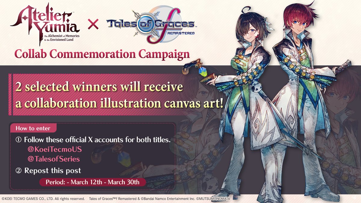 KOEI TECMO AMERICA (@koeitecmous) on Twitter photo #AtelierYumia × #TalesofGracesf Collab Commemoration Campaign
1)Follow <a href="/KoeiTecmoUS/">KOEI TECMO AMERICA</a> and <a href="/TalesofSeries/">Tales of Series</a>
2)Repost this post for a chance to win a collaboration illustration canvas art!
A free DLC of the collaboration costume for “Atelier Yumia” and “#TOGf” coming!
Please look #AtelierYumia × #TalesofGracesf Collab Commemoration Campaign
1)Follow <a href="/KoeiTecmoUS/">KOEI TECMO AMERICA</a> and <a href="/TalesofSeries/">Tales of Series</a>
2)Repost this post for a chance to win a collaboration illustration canvas art!
A free DLC of the collaboration costume for “Atelier Yumia” and “#TOGf” coming!
Please look