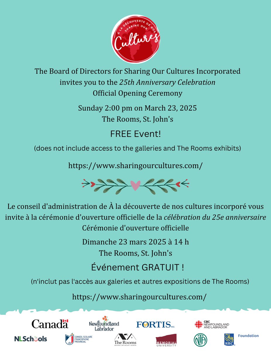 Sharing Our Cultures Inc. (@sharingcultures) on Twitter photo You’re invited to celebrate our 25th year with us! It’s going to be amazing! <a href="/CdnHeritage/">Canadian Heritage</a> <a href="/Memorial_INTL/">MUN International</a> <a href="/EDU_GovNL/">Education and Early Childhood Development</a> <a href="/NLSchoolsCA/">NLSchools</a> <a href="/CBCNL/">CBC Newfoundland and Labrador</a> <a href="/NTVNewsNL/">NTV News</a> <a href="/OCYANL/">NL Child & Youth Advocate</a> <a href="/IPGS_GovNL/">Jobs, Immigration and Growth</a> @StJohnsLIP <a href="/NLTeachersAssoc/">NLTA</a> You’re invited to celebrate our 25th year with us! It’s going to be amazing! <a href="/CdnHeritage/">Canadian Heritage</a> <a href="/Memorial_INTL/">MUN International</a> <a href="/EDU_GovNL/">Education and Early Childhood Development</a> <a href="/NLSchoolsCA/">NLSchools</a> <a href="/CBCNL/">CBC Newfoundland and Labrador</a> <a href="/NTVNewsNL/">NTV News</a> <a href="/OCYANL/">NL Child & Youth Advocate</a> <a href="/IPGS_GovNL/">Jobs, Immigration and Growth</a> @StJohnsLIP <a href="/NLTeachersAssoc/">NLTA</a>