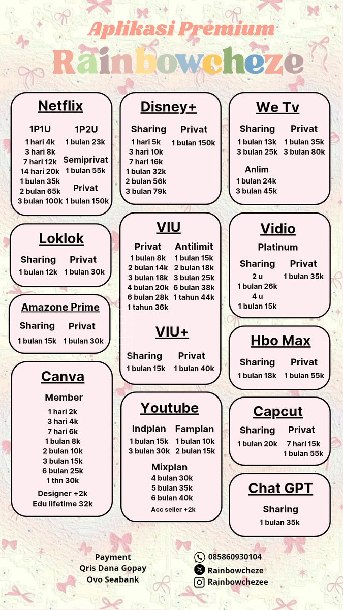 rainbowcheze's tweet image. Halo halooo aplikasi premium ready setiap hariii, order langsung ke wa (fast respon) wa.me//+6285860930104 &amp;amp; testimoni bisa cek di drive.google.com/drive/u/0/mobi…
✅ semua aplikasi full garansi
✅ trusted sejak 2022
✅ fast respon
✅ garansi 0-3 hari

#zonauangᅠᅠᅠ #zonajajanᅠ