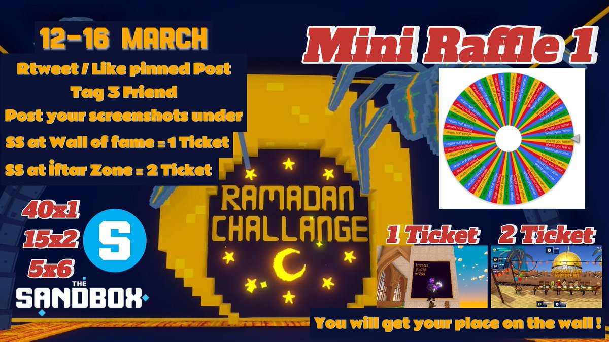 🌟Mini Raffle Time.🌟 it is the Month of Sharing!
During between 12-16 March (also My Birthday week)
✅Take SS at Wall of Fame (1 ticket) Post under
✅Take SS at İftar Zone (2 Ticket) Post under
✅RT+Like Pinned Post,Tag 3 Friends.
Raffle 1 : 9 Winners will share 100 Sand
More