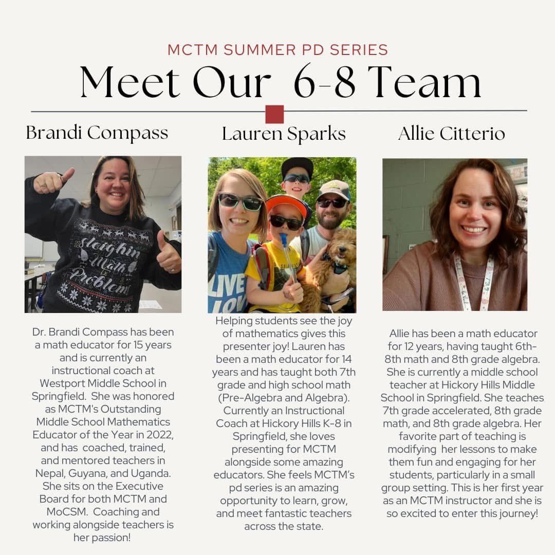 Introducing the grades 6 - 8 presenters for our MCTM Summer PD Series! We’ll be introducing the additional grade band presenters in the coming weeks! <a href="/MOEducation/">Missouri DESE</a> <a href="/MoAESP/">MAESP</a> 

Register online: moctm.org/mctm-events/su…
