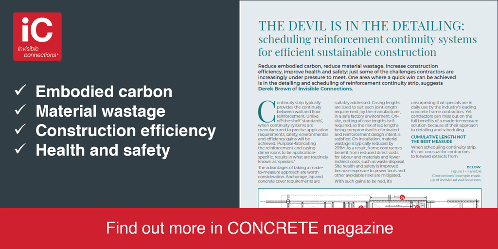 When detailing and scheduling continuity strip, contractors can:
✔ Reduce embodied carbon 
✔ Reduce material wastage 
✔ Increase #construction efficiency 
✔ Improve health and safety. 
Find out more in the latest edition of #Concrete magazine: bit.ly/3QF8i07