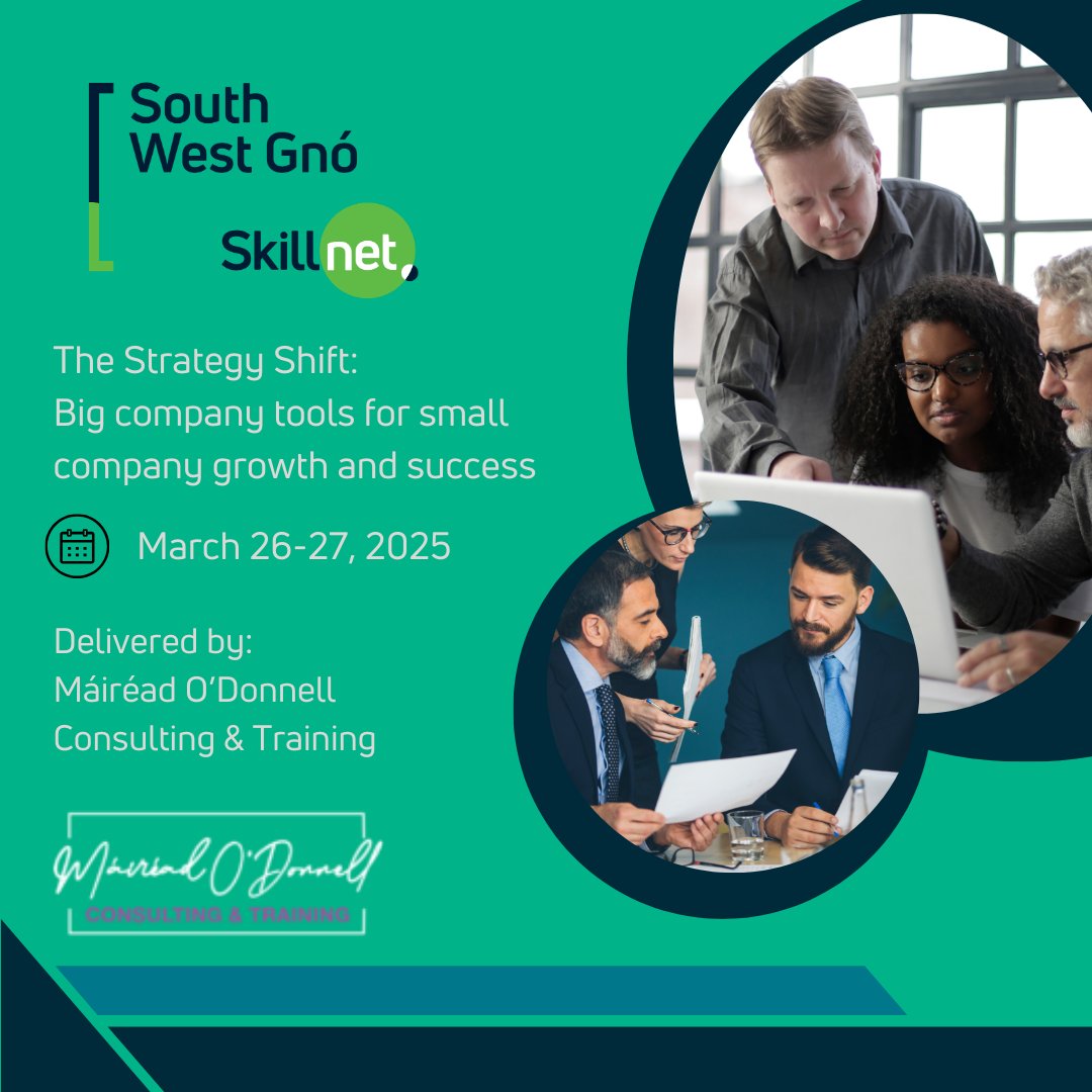 The Strategy Shift: Big company tools for small company growth and success.
🗓️ March 26-27, 2025
🏩 Barnahown B&amp;B, Mitchelstown, Co. Cork
💶€300  (excl. accommodation) for SWG Members. 

Register your interest - southwestgnoskillnet.ie/our-courses/
#strategy #businessgrowth #Leadership