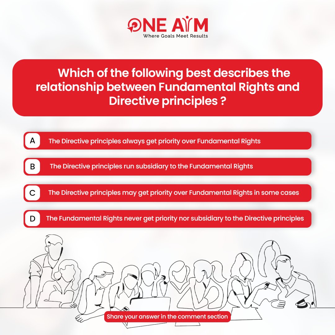 OneAim01's tweet image. Understanding the relationship between Fundamental Rights and Directive Principles is crucial for UPSC aspirants! Can you choose the correct answer? Drop your response in the comments!
.
.
#upsc #upscpreparationtips #OneAim #FundamentalRights #directiveprinciples #indianpolity