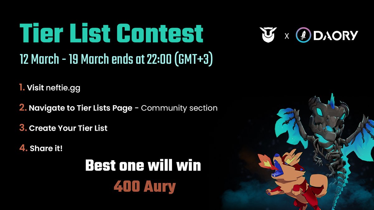 We are excited to announce our first contest collaboration with DAOry! 🎉 

A total of 400 $AURY is up for grabs for the most creative tier list. 

Follow these four simple steps for your chance to win!