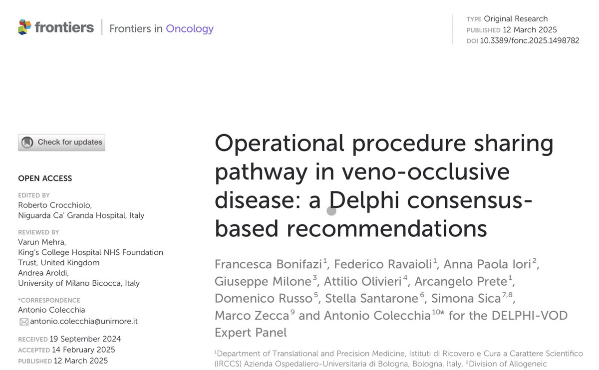 🚀 New #Delphi Consensus on #VOD/#SOS in #HSCT!

📝 Study in #FrontiersOncology:
✅ Weekly #imaging for early detection
✅ #Defibrotide + prompt dx = better outcomes
✅ Need for standardized care

📖 Read 👉 frontiersin.org/journals/oncol…

#Hematology #liver #Transplantation