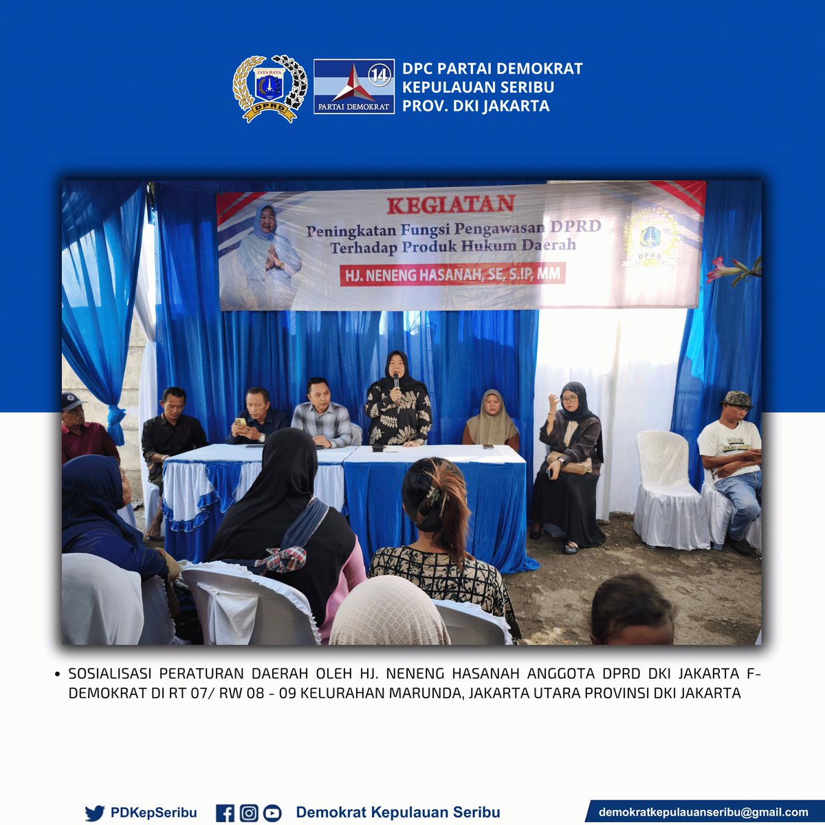 Sosialisasi Peraturan Daerah Oleh Hj. Neneng Hasanah Anggota DPRD DKI Jakarta F-Demokrat Di RT 07/ RW 08 - 09 Kelurahan Marunda, Jakarta Utara Provinsi DKI Jakarta

Kegiatan ini merupakan bagian dari peningkatan fungsi pengawasan DPRD Jakarta terhadap fungsi hukum.

#PDemokrat