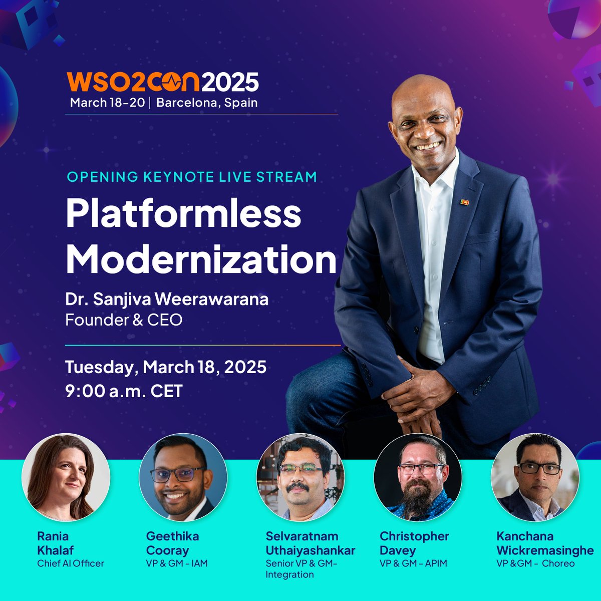 WSO2 (@wso2) on Twitter photo We know not everyone can make it to #WSO2Con2025 in person, but you don’t have to miss out!
Join us LIVE as <a href="/sanjiva/">Sanjiva Weerawarana</a> kicks off the conference with his opening keynote Platformless Modernization.
🔗 Register here: tinyurl.com/2s4z2man We know not everyone can make it to #WSO2Con2025 in person, but you don’t have to miss out!
Join us LIVE as <a href="/sanjiva/">Sanjiva Weerawarana</a> kicks off the conference with his opening keynote Platformless Modernization.
🔗 Register here: tinyurl.com/2s4z2man