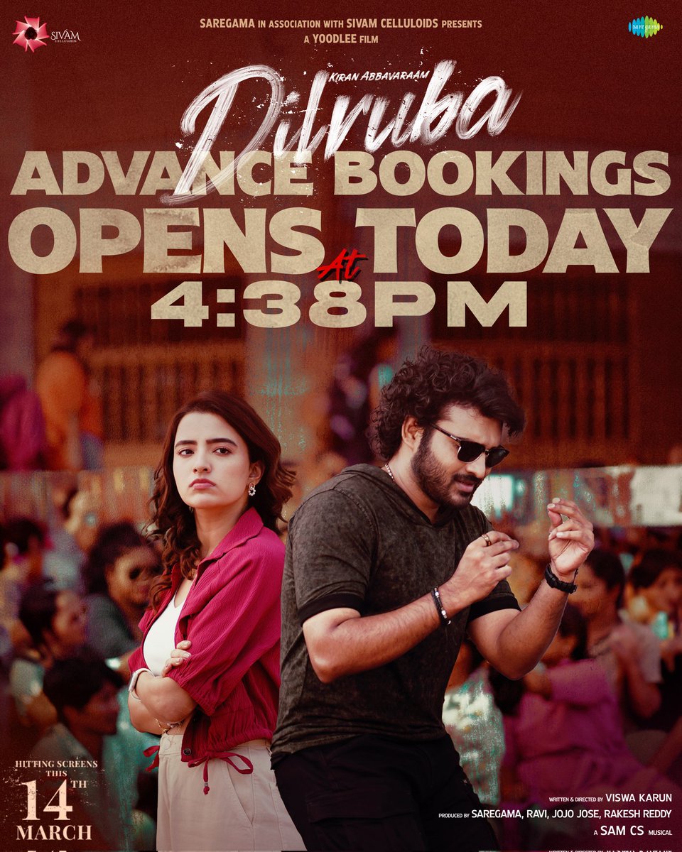 Sivam Celluloids (@sivamcelluloids) on Twitter photo #Dilruba Advance Bookings will be Opening Today at 04:38PMποΈπ₯
Stay tuned.
#DilrubaOnMarch14th β€οΈβπ₯
<a href="/Kiran_Abbavaram/">Kiran Abbavaram</a> <a href="/RuksharDhillon/">Rukshar Dhillon</a> @Vishwakarun5 <a href="/davisonNazia/">Kathy</a> <a href="/saregamasouth/">Saregama South</a> <a href="/SamCSmusic/">πππ π π</a> <a href="/YoodleeFilms/">Yoodlee Films</a> <a href="/SivamCelluloids/">Sivam Celluloids</a> #Ravi @Jojo__Jose #RakeshReddy #SurajKumar <a href="/Cinemainmygenes/">Editor PraveenKl</a> #Dilruba Advance Bookings will be Opening Today at 04:38PMποΈπ₯
Stay tuned.
#DilrubaOnMarch14th β€οΈβπ₯
<a href="/Kiran_Abbavaram/">Kiran Abbavaram</a> <a href="/RuksharDhillon/">Rukshar Dhillon</a> @Vishwakarun5 <a href="/davisonNazia/">Kathy</a> <a href="/saregamasouth/">Saregama South</a> <a href="/SamCSmusic/">πππ π π</a> <a href="/YoodleeFilms/">Yoodlee Films</a> <a href="/SivamCelluloids/">Sivam Celluloids</a> #Ravi @Jojo__Jose #RakeshReddy #SurajKumar <a href="/Cinemainmygenes/">Editor PraveenKl</a>