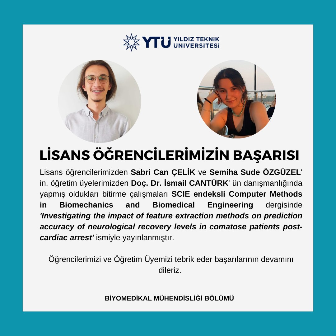 Öğretim üyemiz Doç. Dr. İsmail CANTÜRK' ü ve öğrencilerimiz Sabri Can ÇELİK ve Semiha Sude ÖZGÜZEL' i ve  tebrik eder, başarılarının devamını dileriz.🌟