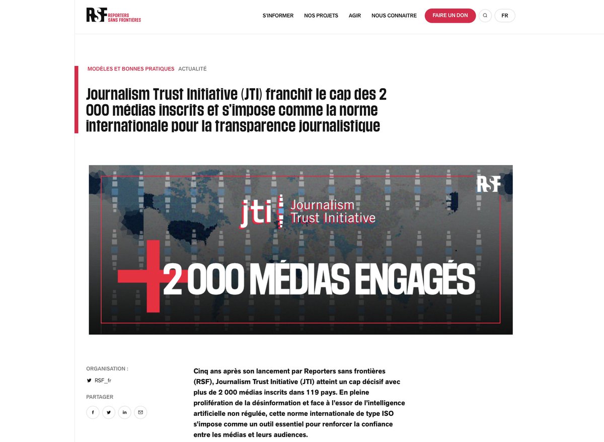 Excellente nouvelle : la #JTI, la "norme ISO du journalisme" créée par #RSF, franchit le cap des 2000 médias inscrits dans le monde et s'impose comme une norme de référence pour le journalisme de qualité.