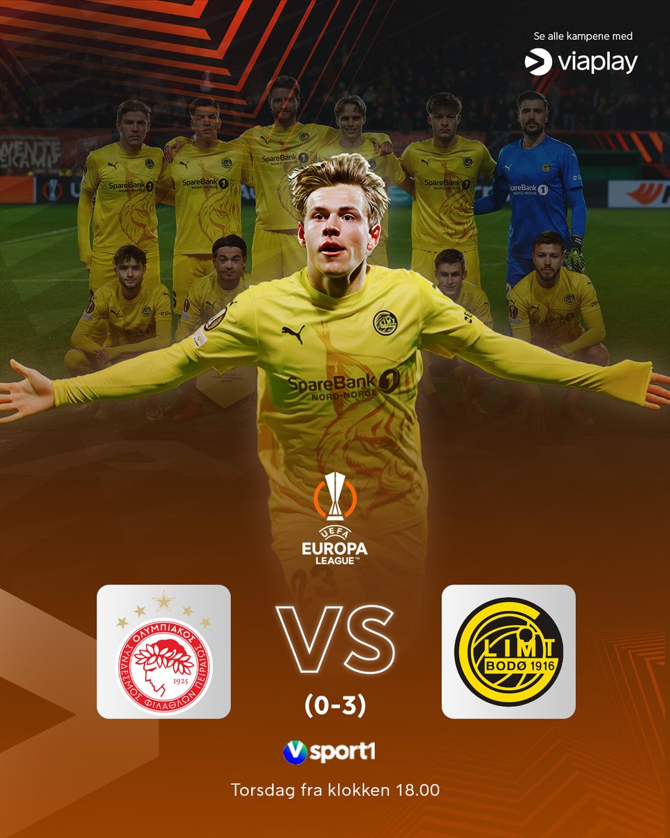 🏆: Europa League
🆚: Olympiacos–Bodø/Glimt
🗣️: <a href="/ViaplayJonas/">Jonas Bergh-Johnsen</a>, <a href="/PetterVeland/">Petter Veland</a> og <a href="/HulkmeisterB/">Bernt N. Hulsker</a>
🎙️: <a href="/KasperWikestad/">Kasper Wikestad</a> og Tor Ole Skullerud
🎤: <a href="/ViaplayOrjan/">Ørjan Bjørnstad</a>
🕕: Fra klokken 18.00
📺: Viaplay og V sport 1