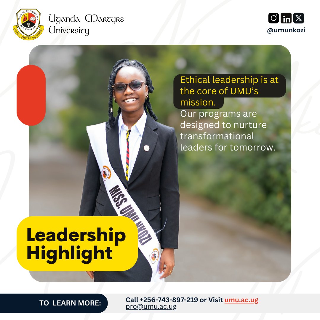 Uganda Martyrs University (@umunkozi) on Twitter photo Celebrating Women in Leadership โจ
At <a href="/umunkozi/">Uganda Martyrs University</a>, we nurture transformational leaders by providing platforms, mentorship, and opportunities.
This #WomensMonth, we honor Miss UMU, a symbol of ethical leadership. The journey starts today, lead with virtue and wisdom!
#EmpowerHer Celebrating Women in Leadership โจ
At <a href="/umunkozi/">Uganda Martyrs University</a>, we nurture transformational leaders by providing platforms, mentorship, and opportunities.
This #WomensMonth, we honor Miss UMU, a symbol of ethical leadership. The journey starts today, lead with virtue and wisdom!
#EmpowerHer