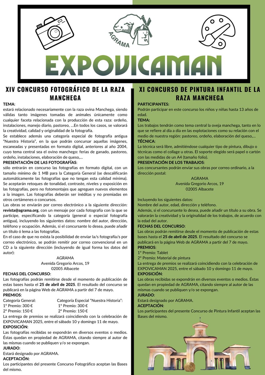 AGRAMA convoca el Concurso Fotográfico y de Pintura Infantil de la Raza Manchega, con motivo de la celebración de EXPOVICAMAN. No dudes en participar o invitar a los pequeños de la casa a plasmar sobre el papel su visión de la ganadería manchega. Bases: agrama.es