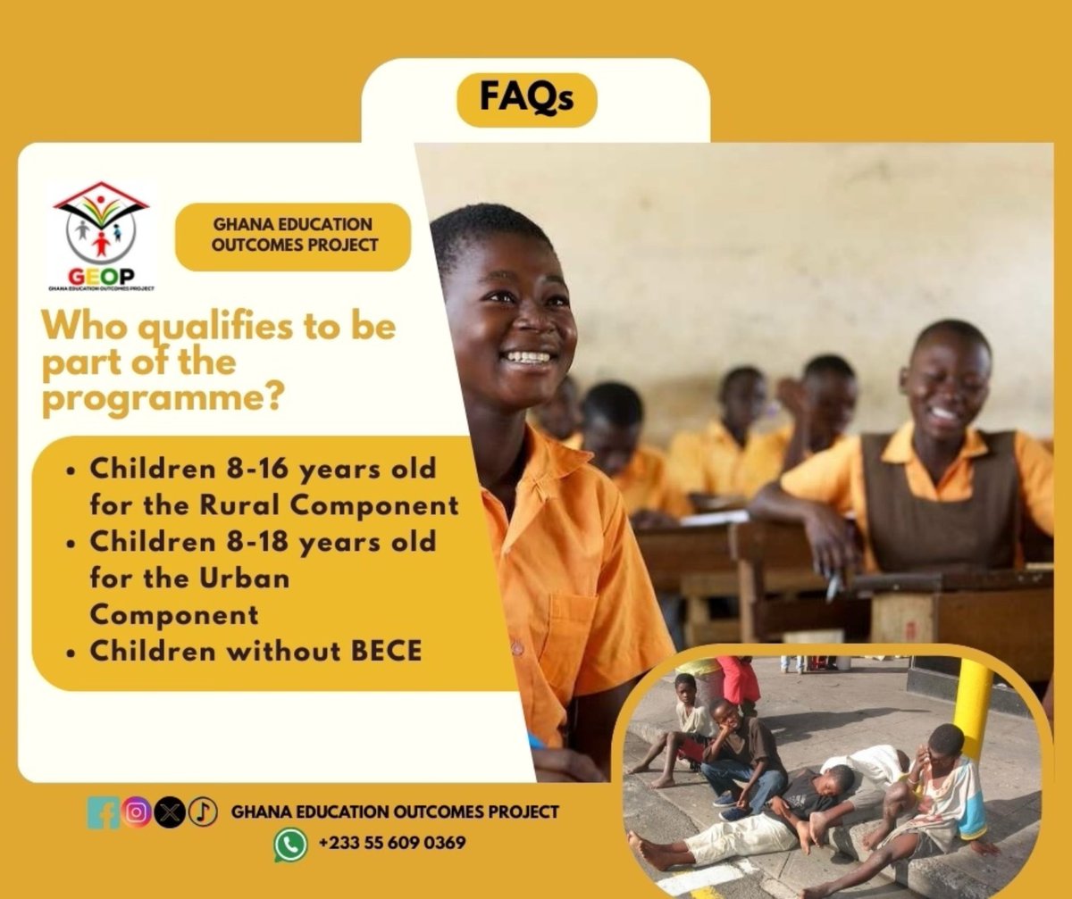The Ghana Education Outcomes Project aims to enhance educational access and quality nationwide. For more information, please check our FAQs. If you have questions, feel free to reach out.

Who qualifies to be part of the programme?

#GEOP  
#Education  
#MoE
