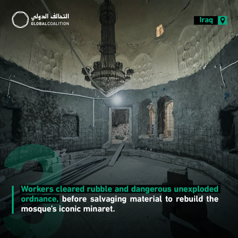 coalition's tweet photo. Iraq continues to rebuild what Daesh destroyed, from schools and hospitals to cultural landmarks including Al-Aghwat Mosque in Mosul, which reopened to the public in 2024. #TogetherForIraq